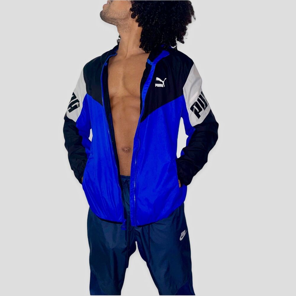 Puma Vintage Rare Football Windbreaker Jacket Nylon Glanz Royal Blue Medium